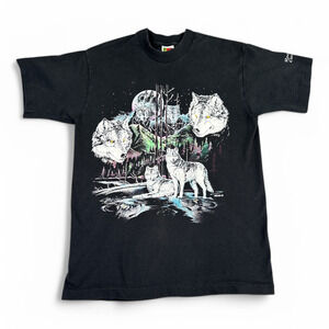 Vintage Wolf Shirt Adult MEDIUM Black Wolves Moon Nature Puff Print 90s